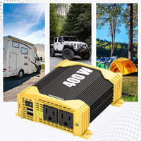 Krieger 400 Watt 12V DC to 110V AC Car Power Inverter, Modified Sine Wave, 2 Outlets, 2 USB Ports, Cigarette Lighter Plug & Clamps - ETL Certified to UL and CSA Standard.