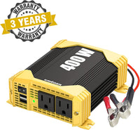 Krieger 400 Watt 12V DC to 110V AC Car Power Inverter, Modified Sine Wave, 2 Outlets, 2 USB Ports, Cigarette Lighter Plug & Clamps - ETL Certified to UL and CSA Standard.