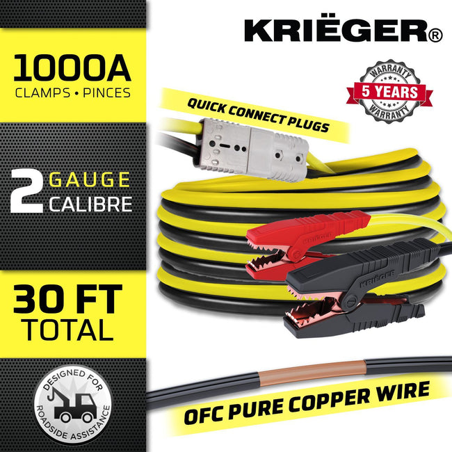 100% Copper KRB230 Krieger 2 Gauge 30' Kit - Permanently Install these OFC Jumper Cables with Quick Connect