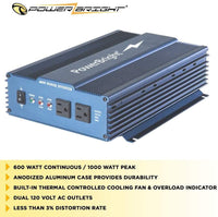 PowerBright 24 Volts Pure Sine Power Inverter 600 Watt image of anodized case built-in fan less than 3% distortion rate