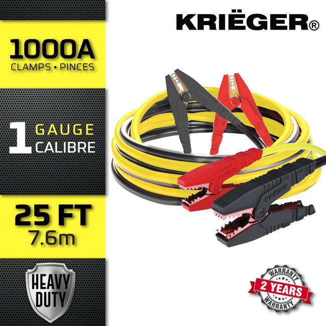 KRB125 Krieger 1-Gauge - Heavy Duty Jumper Battery Cables 25 Ft Booster Jump Start - 25' Allows You to Boost Battery from Behind a Vehicle!